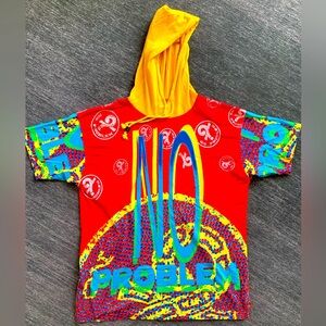 VTG No Problem Retro Red Yellow Short Sleeve Hoodie Shirt Small